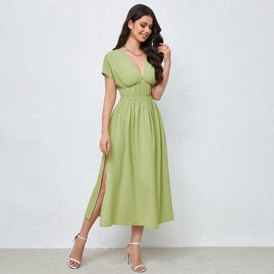 Kaila - Elegantes V-Ausschnitt Sommerkleid mit hohem Schlitz