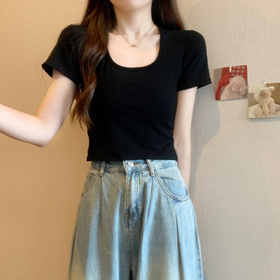 Damen Kurzarm Rundhals Crop Top Heidi-Mode