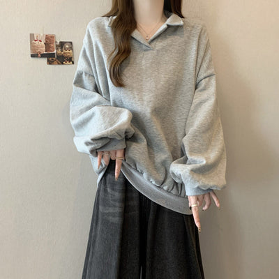 Damen Relaxed Fit Polo Style Sweatshirt mit Ballonärmeln Heidi-Mode