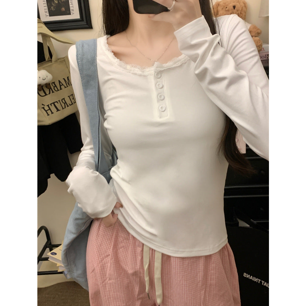 Femme Spitzenbesatz Knopf-Down Langarmoberteil Heidi-Mode