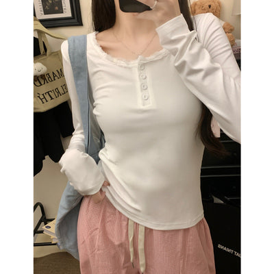 Femme Spitzenbesatz Knopf-Down Langarmoberteil Heidi-Mode