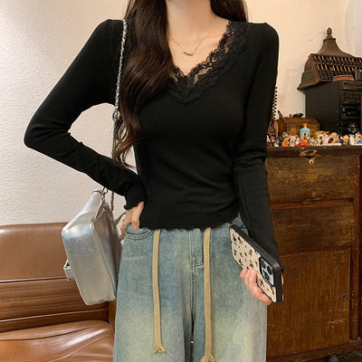 Damen Langarmspitzenbesatz V-Ausschnitt Oberteil Heidi-Mode