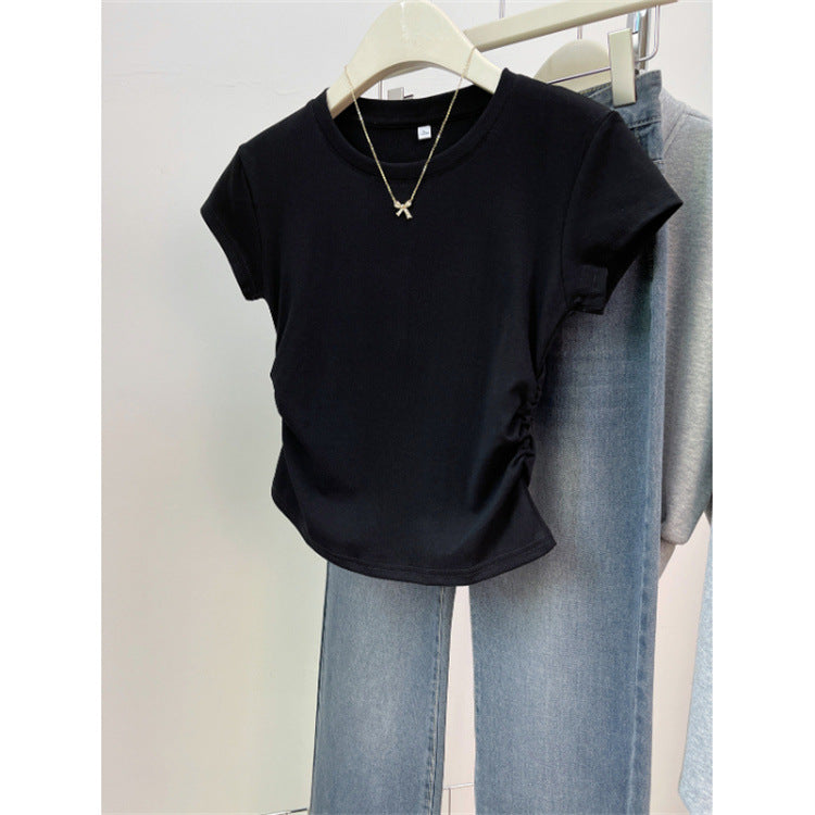 Femme Kurzarm Geraffte Seiten T-Shirt Heidi-Mode