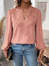 Damen nan Spitzenapplikation V-Ausschnitt Bluse mit Strukturpunkt, gerafften Manschetten und leicht taillierter Silhouette Drune in Rosa