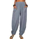 Damen nan lockere Leinenhose mit weitem Bein elastischem Bund und großen aufgesetzten Taschen Drune in Grau