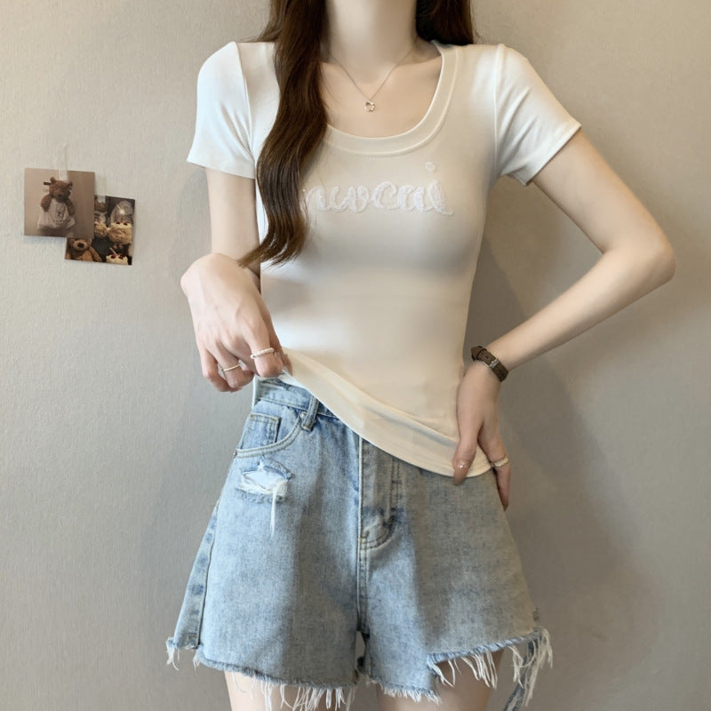 Femme Kurzarm Scoop Neck Logo T-Shirt Heidi-Mode