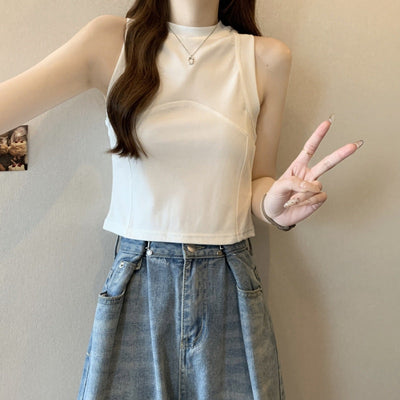 Damen High-Neck Cropped Tanktop mit sportlichen Nähten Heidi-Mode