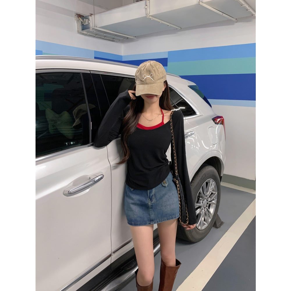 Damen Langarm-Layered-Top mit stilvollem Ausschnitt-Detail Heidi-Mode