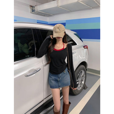 Damen Langarm-Layered-Top mit stilvollem Ausschnitt-Detail Heidi-Mode