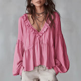 Damen Fließendes Oberteil Mit Raffungen Und V-Ausschnitt – Locker Elegante Bluse in Rosa