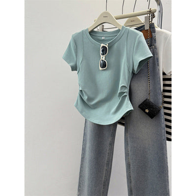 Femme Kurzarm Raffung Detail Top Heidi-Mode