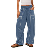 Damen nan weite Lounge-Hose mit Kordelzug, Kontrastpaspelierung und Cargo-Taschen Drune in Pfauenblau