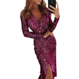 Damen nan glitzerndes Wickel-Midikleid mit V-Ausschnitt langen Ärmeln seitlichem Beinschlitz Drune in Violett