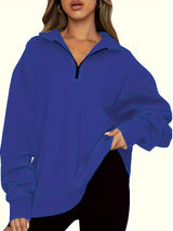 Damen nan Oversized Sweatshirt mit Kurzreißverschluss, Stehkragen und Kängurutasche Drune in Mehrfarbiges Blau