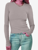 Damen Figurbetontes Langarmshirt Mit Rippstruktur – Schmaler Stretch Fit in Helles Grau