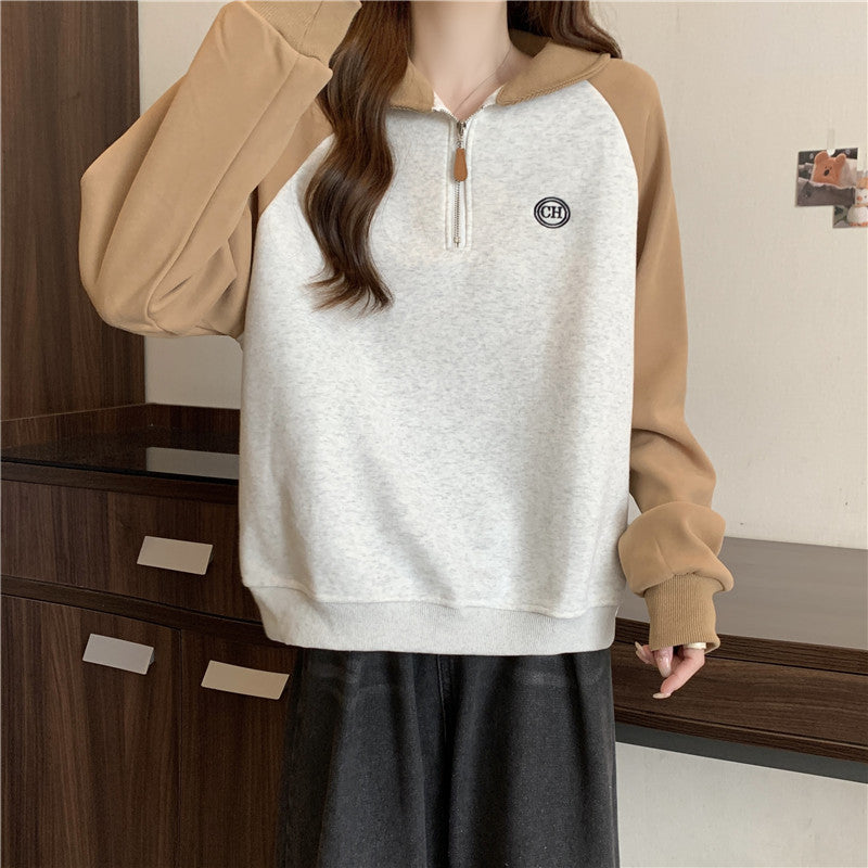 Femme Halber Reißverschluss Pullover Sweatshirt mit Farbkontrastärmeln Heidi-Mode