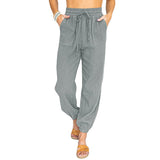 Damen nan leichte Leinenoptik Freizeit-Hose mit hohem elastischem Bund, Kordelzug, aufgesetzten Taschen und elastischen Knöchelbündchen Drune in Hellgrau
