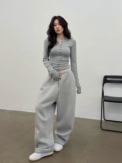 Damen Langarm Button-Up Henley Top mit Daumenlöchern und Hochbund-Sweatpants Heidi-Mode