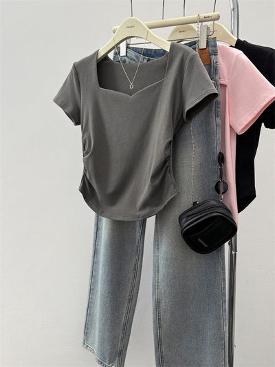 Damen Kurzarm Quadrat-Ausschnitt Raffung T-Shirt Heidi-Mode