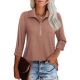 Damen nan lässige Bluse mit Reißverschlusskragen dreiviertelärmel und ausgestelltem Saum Drune in Korallenrot