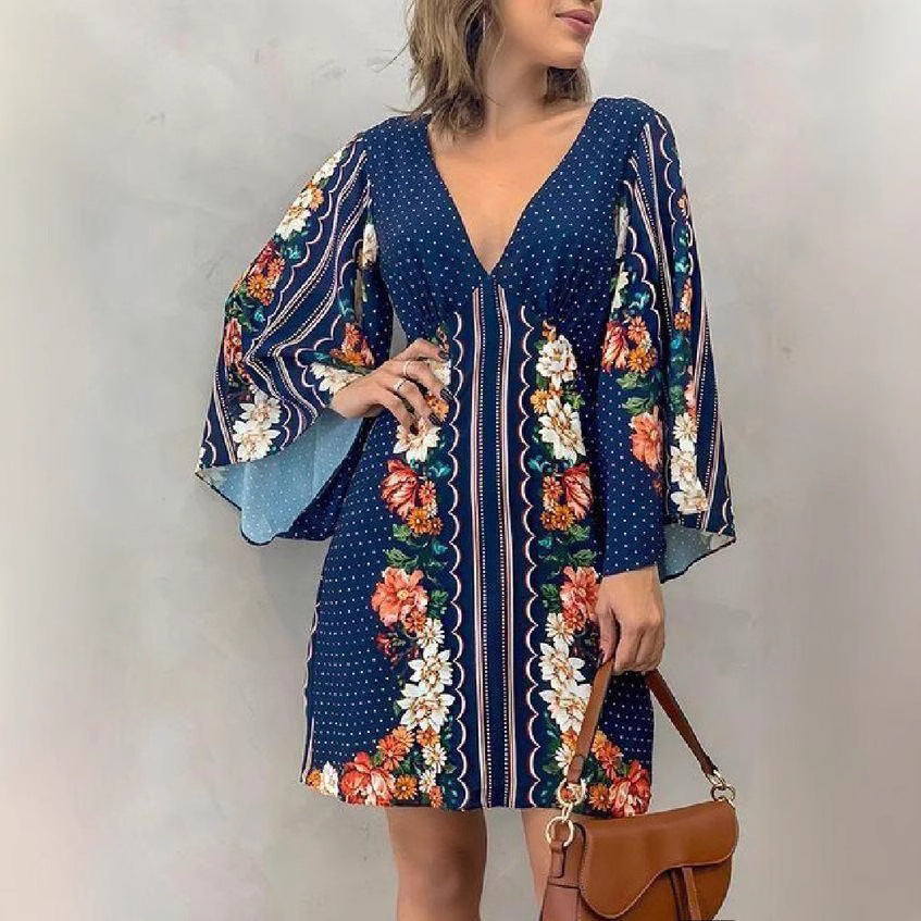 Rosmarin - Dyb V-Ausschnitt bedrucktes Minikleid