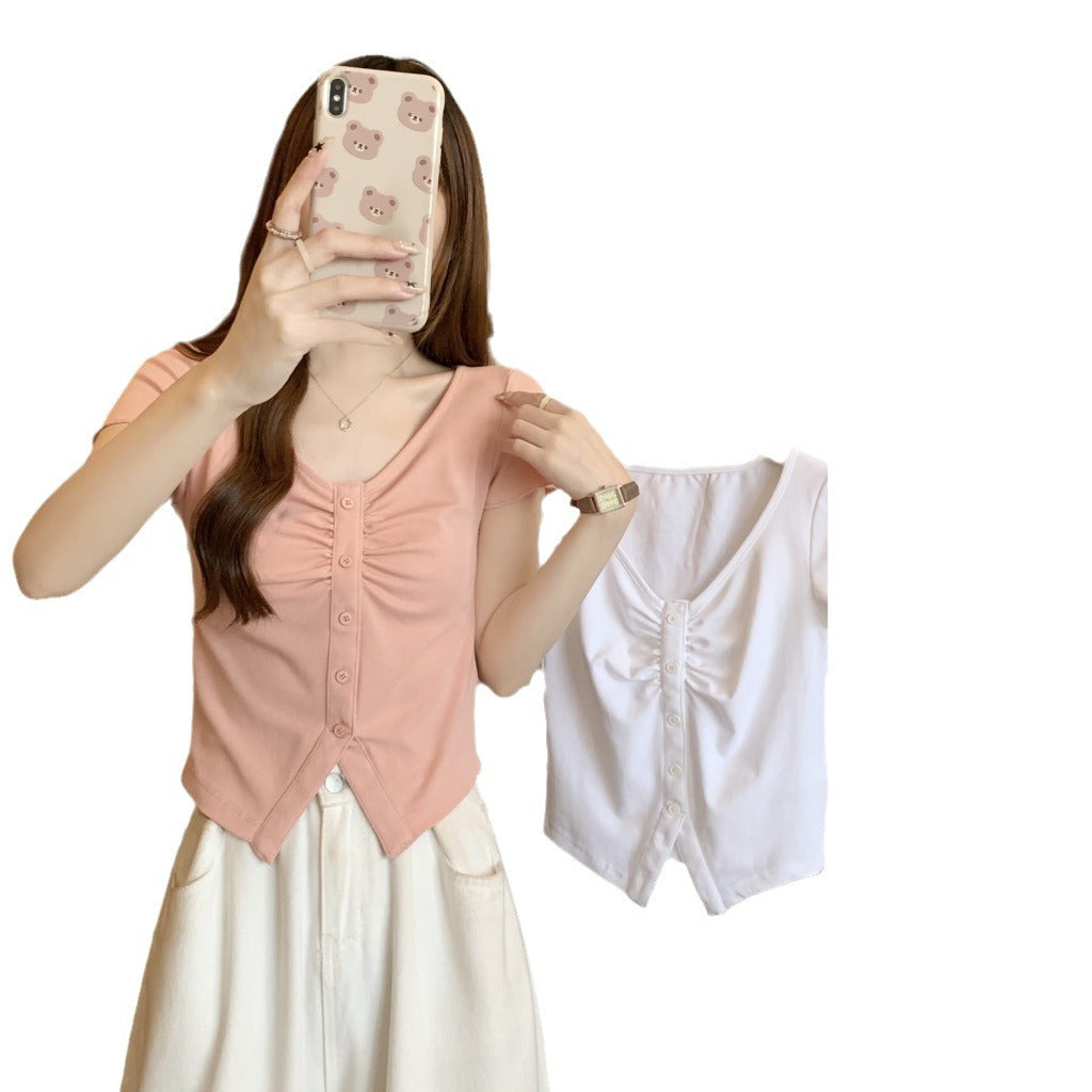 Femme Kurzarmknopf-Oben gerafftes Top mit V-Ausschnitt Heidi-Mode