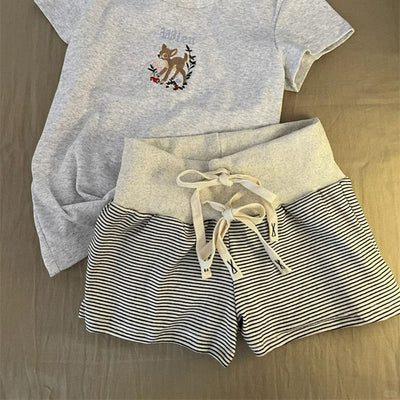 Damen Hochtaillierte Gestreifte Lounge-Shorts mit Verstellbarem Kordelzug Heidi-Mode