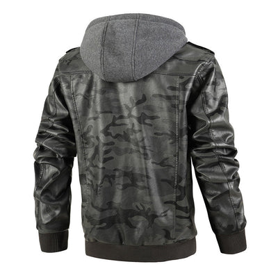 Herren Camouflage Lederjacke mit Kapuze und Taschen