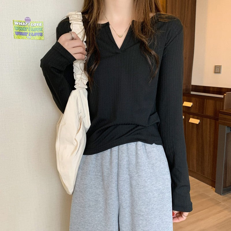 Femme Ripp Longsleeve V-Ausschnitt Top mit eleganten Falten Heidi-Mode