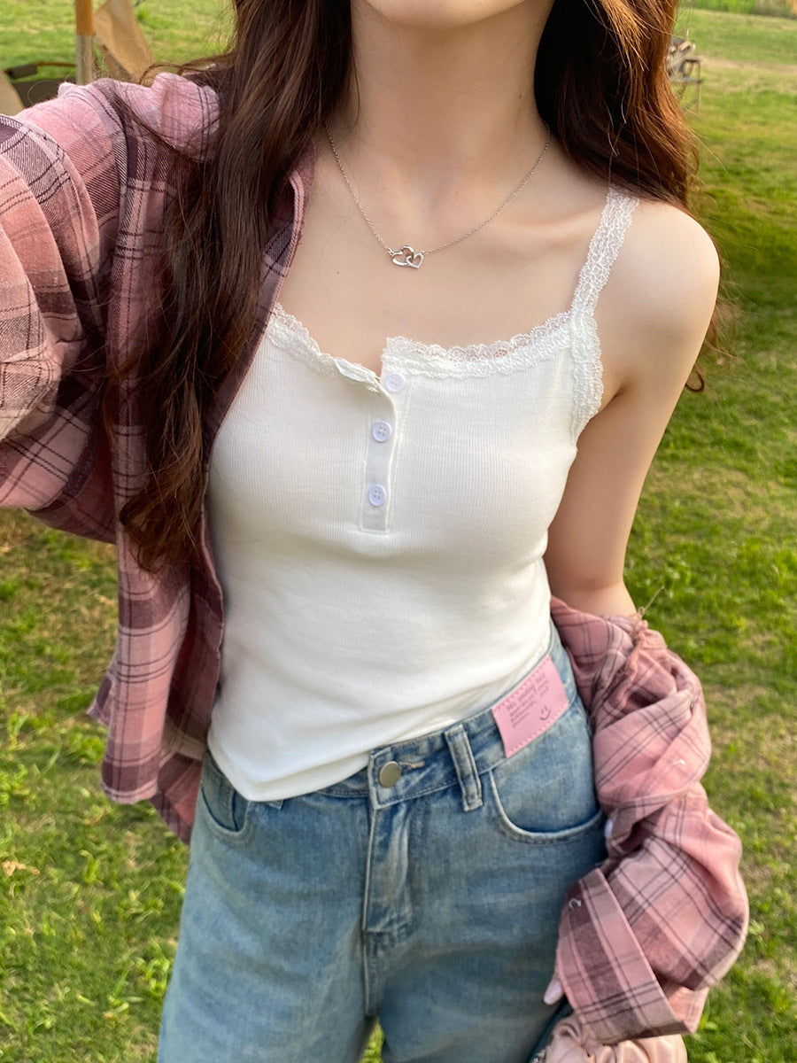 Femme Spitzenbesetzte Knopfverschluss-Camisole Top Heidi-Mode