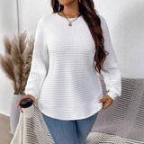 Damen nan Waffelstrick Longsleeve mit Rundhalsausschnitt, leicht A-Linien-Schnitt und gerippten Bündchen Drune in Weiß