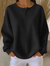 Damen nan Oversized Waffelstrick Henley-Pullover mit Knopfleiste und abgerundetem Saum Drune in Schwarz