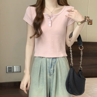 Femme Kurzarmangepasster Henley-Top mit Knopfdetails Heidi-Mode