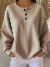 Damen nan Oversized Waffelstrick Henley-Pullover mit Knopfleiste und abgerundetem Saum Drune in Grau