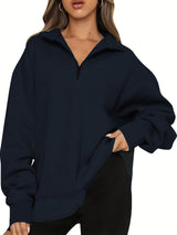 Damen nan Oversized Sweatshirt mit Kurzreißverschluss, Stehkragen und Kängurutasche Drune in Tiefblau