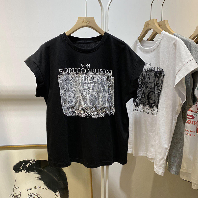 Femme Spitze Detail Grafik T-Shirt Heidi-Mode