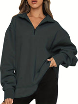 Damen nan Oversized Sweatshirt mit Kurzreißverschluss, Stehkragen und Kängurutasche Drune in Dunkelgrau