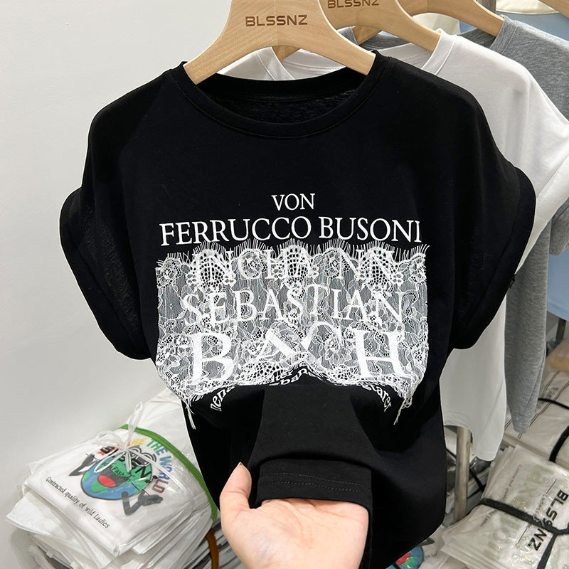 Femme Grafik Spitze Detail T-Shirt Heidi-Mode