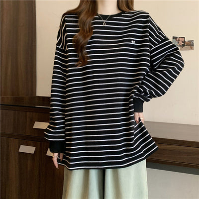 Femme Relaxed Gestreifter Rundhalsausschnitt Sweatshirt Heidi-Mode