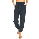 Damen nan leichte Leinenoptik Freizeit-Hose mit hohem elastischem Bund, Kordelzug, aufgesetzten Taschen und elastischen Knöchelbündchen Drune in Dunkelgrau