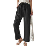 Damen nan lässige Leinenhose mit weitem Bein, elastischem Bund und Seitentaschen Drune in Schwarz