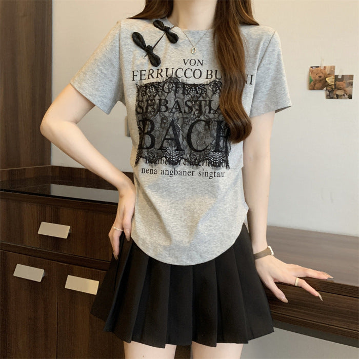 Femme Spitzen-Detail Grafik T-Shirt Heidi-Mode