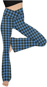 Damen nan taillenhohe Yogahose mit überkreuztem Bund und ausgestelltem Saum mit Schlitz Drune in Blau, kleines Karo
