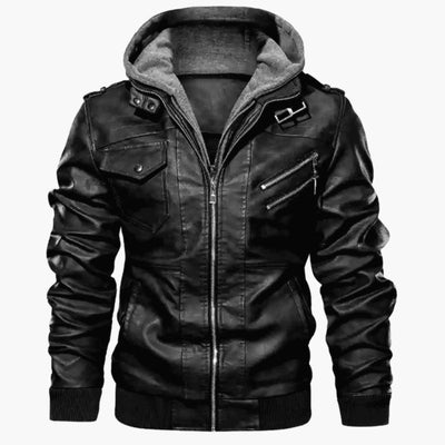 Herren Lederjacke mit abnehmbarer Kapuze und Taschen