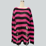 Damen nan Oversized Grobstrickpullover mit breiten Blockstreifen und aufgerissenem Design Drune in Lang Fuchsia