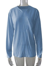 Damen nan legeres Langarmshirt mit V-Notch-Ausschnitt, Brusttasche und lockerer Oversize-Passform Drune in Blau - ohne Tasche, Langarm