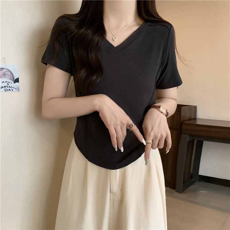 Femme Kurzarm V-Ausschnitt Basic T-Shirt Heidi-Mode