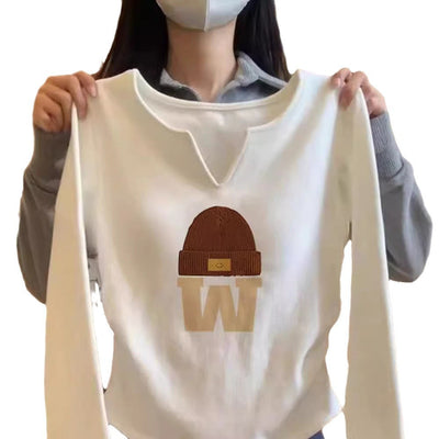 Damen Langarm Grafik-Top mit einzigartigem Beanie-Design Heidi-Mode