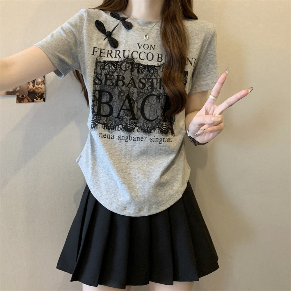 Femme Spitzen-Detail Grafik T-Shirt Heidi-Mode