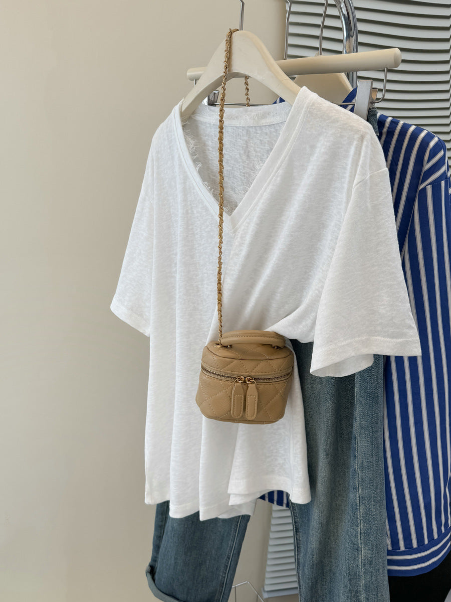 Femme Relaxed V-Ausschnitt Slub Tee Heidi-Mode